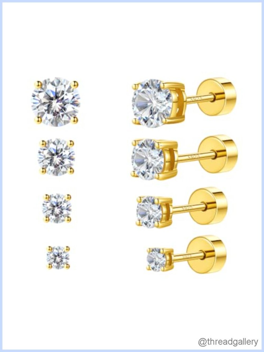 4 Pairs Moissanite Flat Back Stud Earrings 14k Gold Plated 925 Sterling Silver